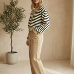 Navy chunky knit striped cardigan from Miou Muse, featuring cozy textured fabric and a relaxed fit, ideal for casual wear.