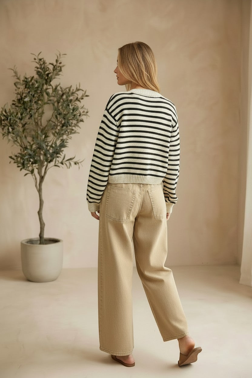 Navy chunky knit striped cardigan by Miou Muse, featuring a cozy, textured sweater with bold horizontal stripes.