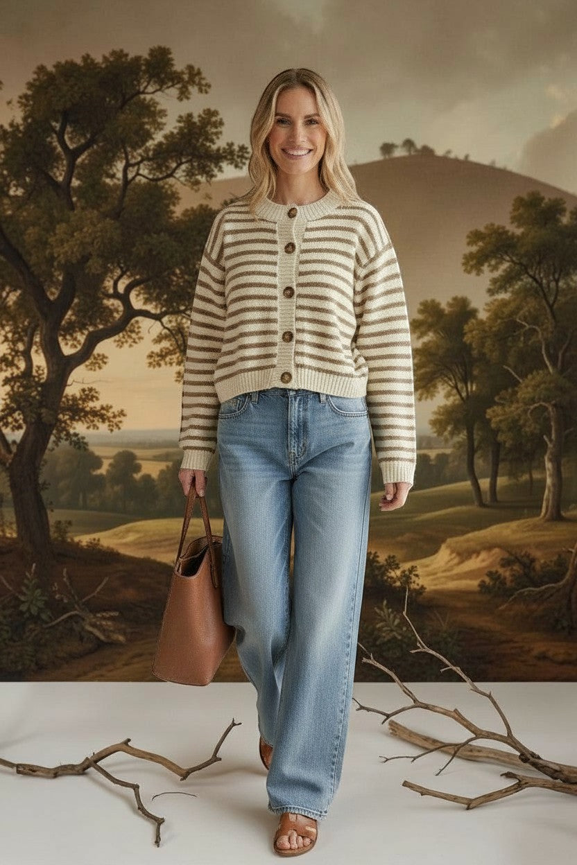 graced chunky knit striped cardigan in mocha and cream paired with light wash jeans and a brown leather tote bag