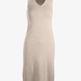 graced beige 100% cotton sleeveless V-neck midi dress with 1x1 links hem detail