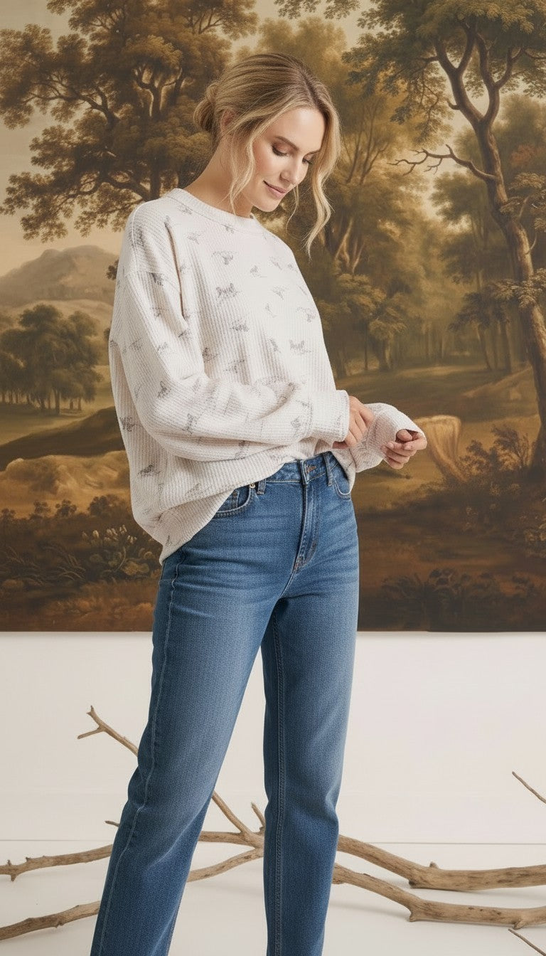 Model wearing graced The Courtney Horse Textured Top in cream with a subtle horse motif, paired with blue jeans.