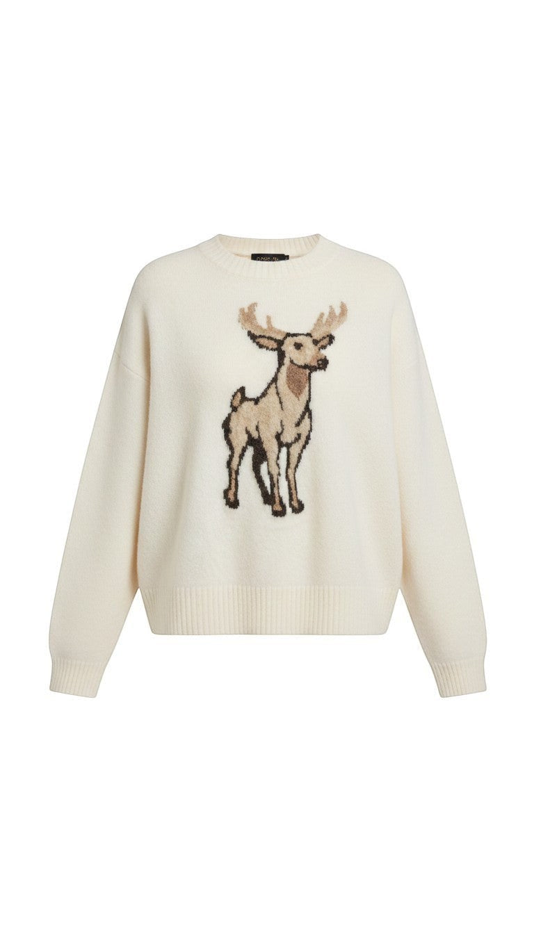 Cream Wishlist Deer Graphic Sweater with a stylish deer illustration, cozy knit top for casual wear.