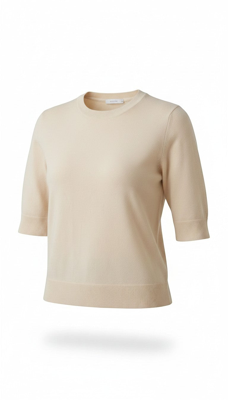 graced cream short sleeve knit top with a classic crew neckline and ribbed hem in a soft breathable fabric