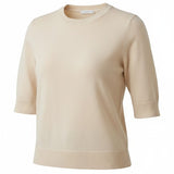 graced cream short sleeve knit top with a classic crew neckline and ribbed hem in a soft breathable fabric