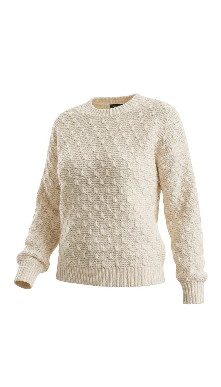 graced cream two tone textured weave sweater with a relaxed fit and ribbed cuffs