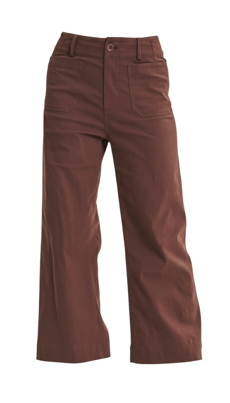 graced The Darcy wide-leg pants in cocoa brown with front pocket detailing and a button-fly closure