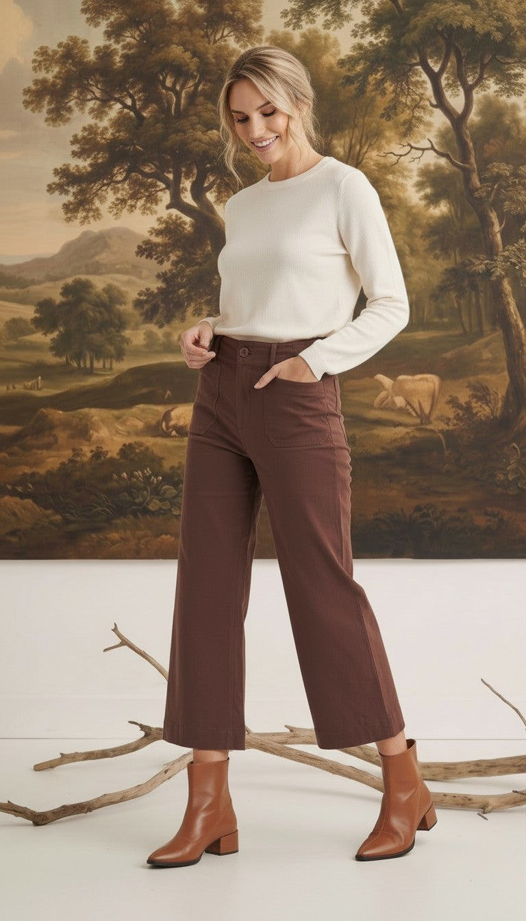 graced The Darcy wide-leg pants in cocoa brown with front pocket detail worn by a model with a cream sweater