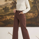 graced The Darcy wide-leg pants in cocoa brown with front pocket detail worn by a model with a cream sweater