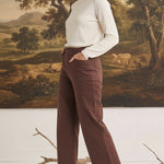 Model wearing graced The Darcy wide-leg cocoa pants with pocket details, paired with a cream sweater and brown boots.