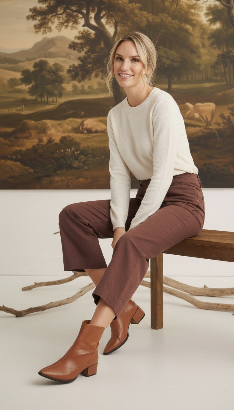 graced The Darcy wide-leg pants in cocoa brown with pocket detail, styled with a cream sweater and tan ankle boots