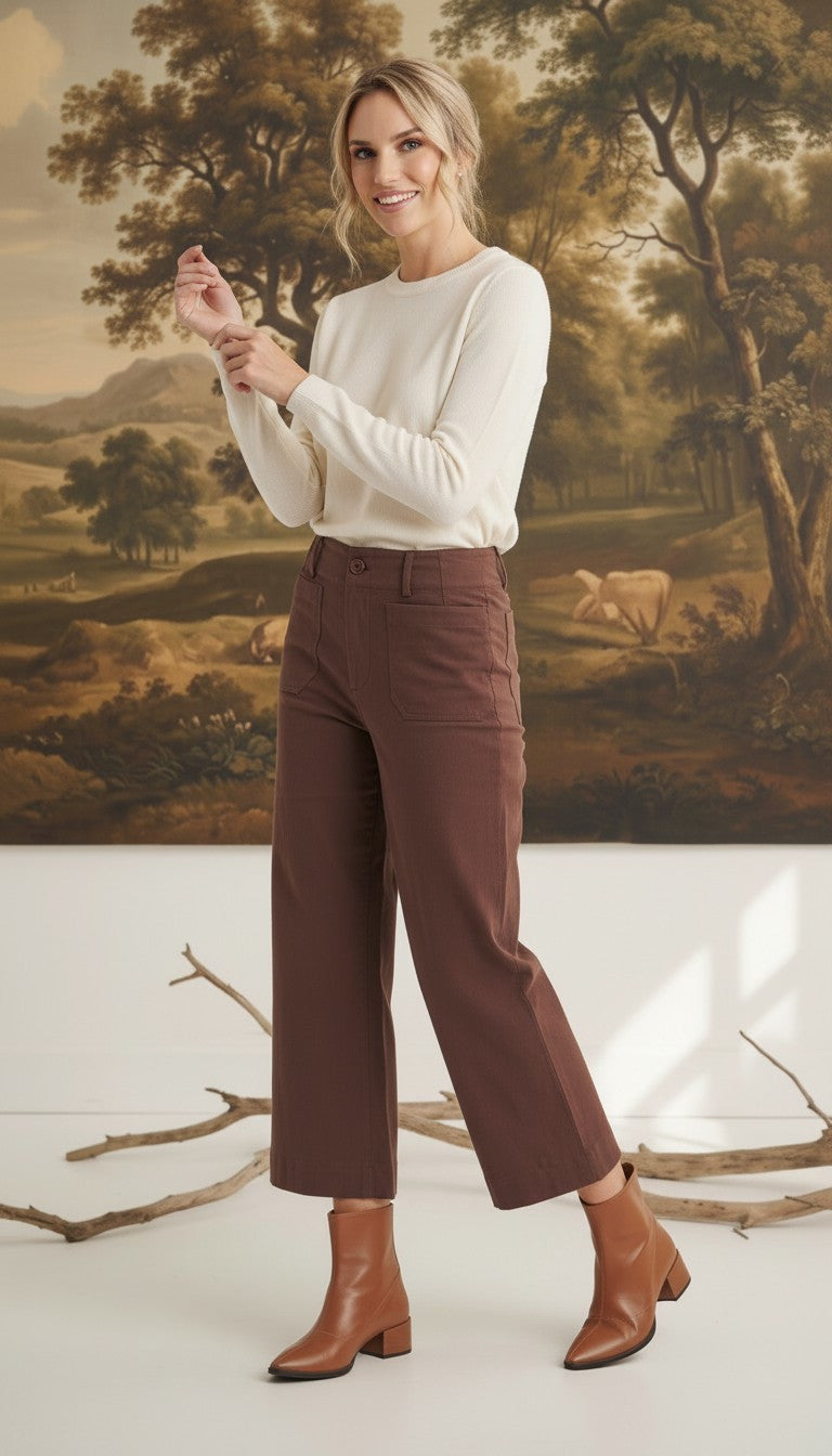 Model wearing graced The Darcy wide-leg pocket detail pants in cocoa brown paired with a cream sweater and boots