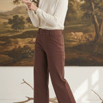 Model wearing graced The Darcy wide-leg pocket detail pants in cocoa brown paired with a cream sweater and boots