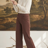 Model wearing graced The Darcy wide-leg pocket detail pants in cocoa brown paired with a cream sweater and boots