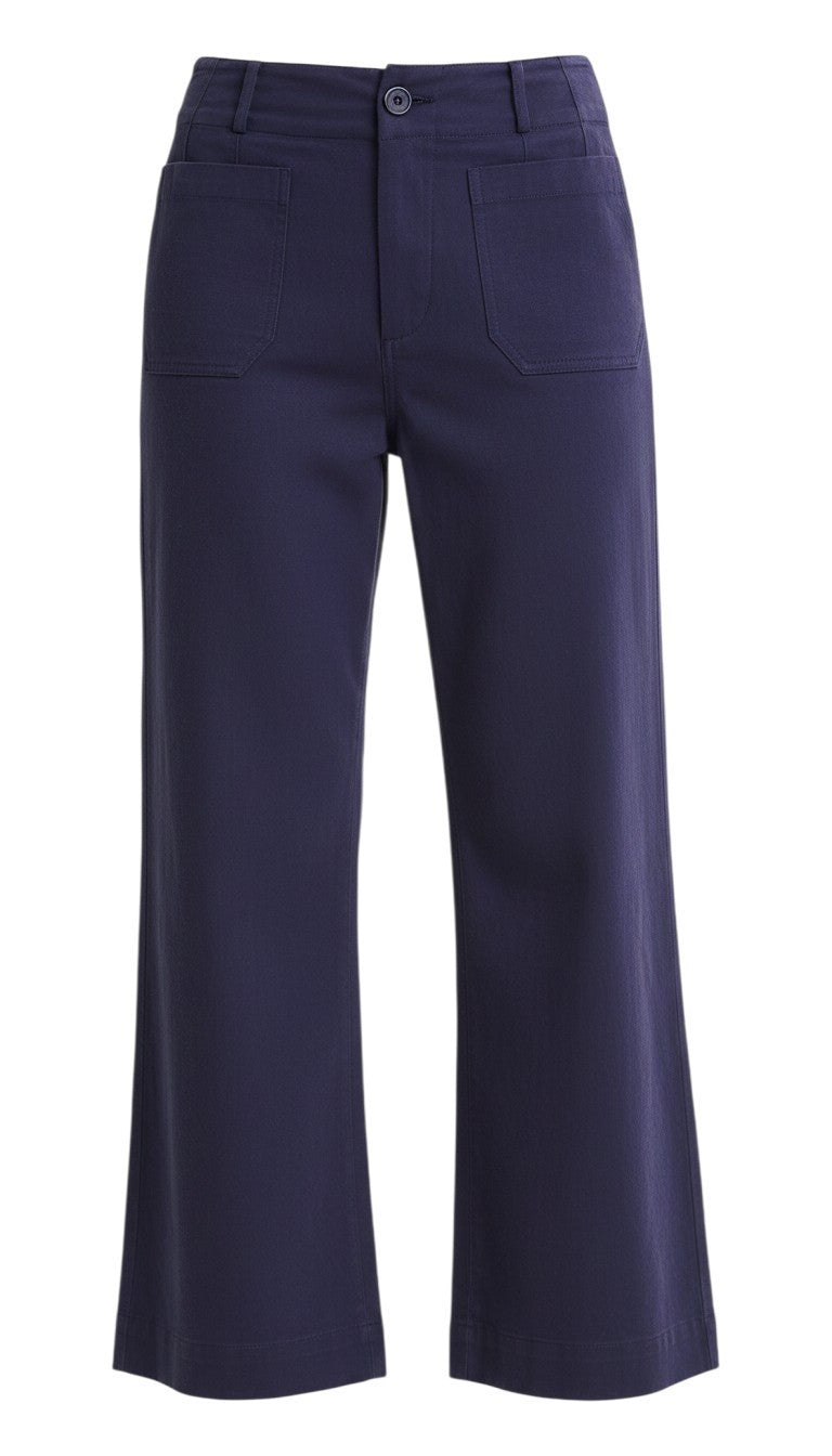 graced The Darcy navy wide-leg pants featuring front patch pockets and a button-fly closure