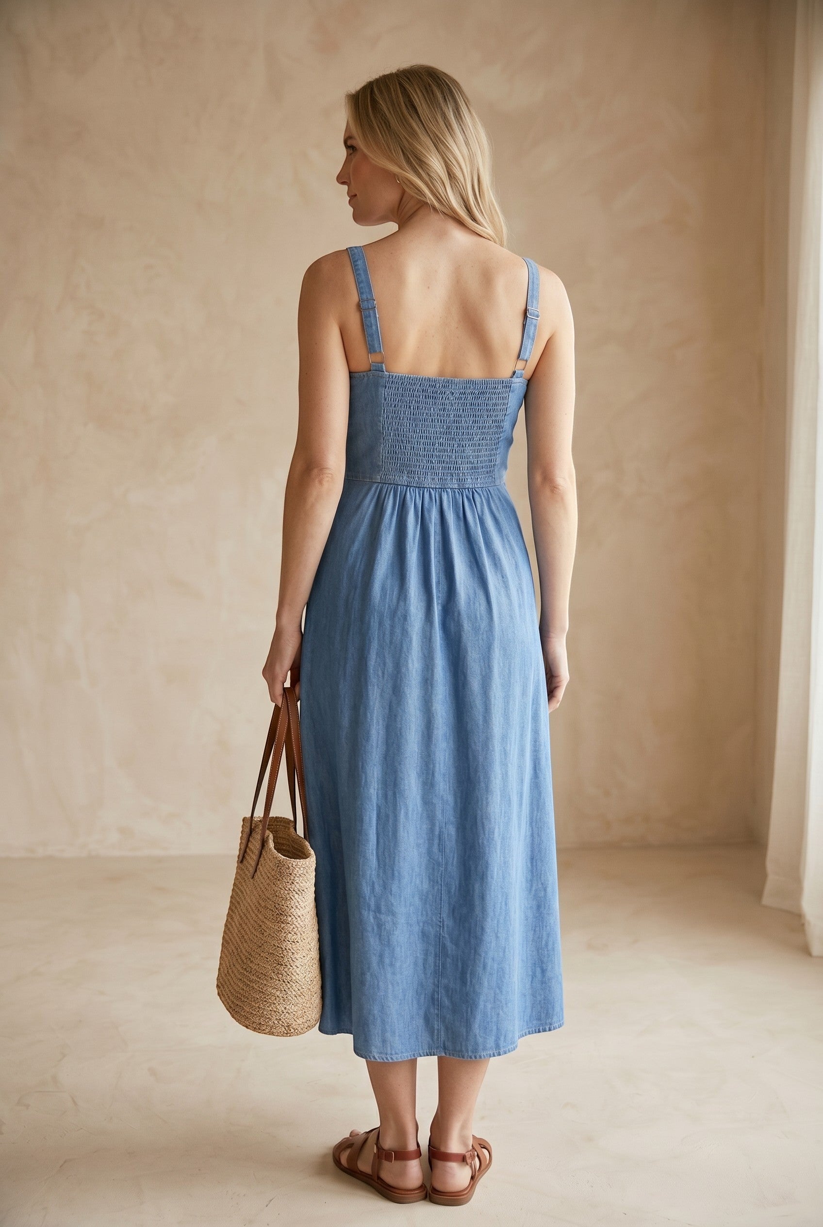 graced blue denim maxi dress with smocked back and adjustable straps, worn by a woman holding a straw tote bag.