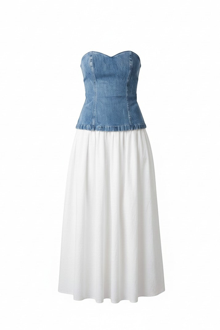 Fore Collection strapless contrast maxi dress featuring a flowing denim skirt and fitted bodice, perfect for elegant summer occasions.