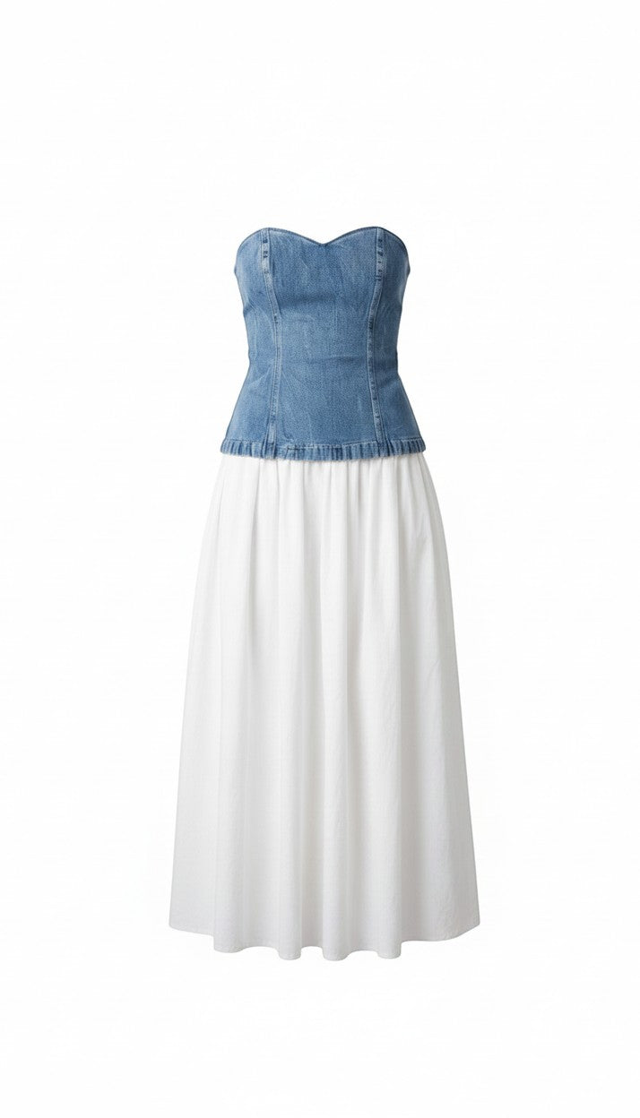 Fore Collection strapless contrast maxi dress featuring a flowing denim skirt and fitted bodice, perfect for elegant summer occasions.