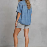 Blue cotton Clara Denim Shirt by Wishlist, short-sleeve casual top with front button closure and classic denim design.