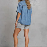 Blue cotton Clara Denim Shirt by Wishlist, short-sleeve casual top with front button closure and classic denim design.