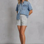 Blue cotton Clara Denim Shirt by Wishlist, short-sleeve casual top with classic denim styling and button-up front.