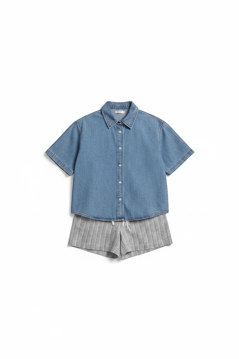Blue cotton short-sleeve denim shirt by Wishlist, casual tops for women featuring a classic fit and button-front design.