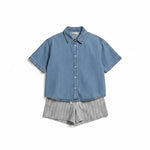 Blue cotton short-sleeve denim shirt by Wishlist, casual tops for women featuring a classic fit and button-front design.