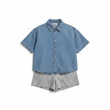 Blue cotton short-sleeve denim shirt by Wishlist, casual tops for women featuring a classic fit and button-front design.