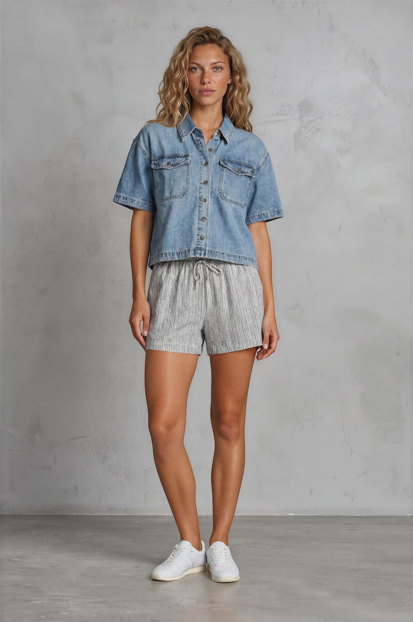 Light wash Wishlist Clara denim shirt with short sleeves and front pocket detail, casual and stylish for everyday wear.