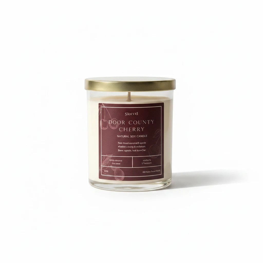 Graced Door County Cherry natural soy candle in a glass jar, featuring a cherry fragrance for home ambiance.