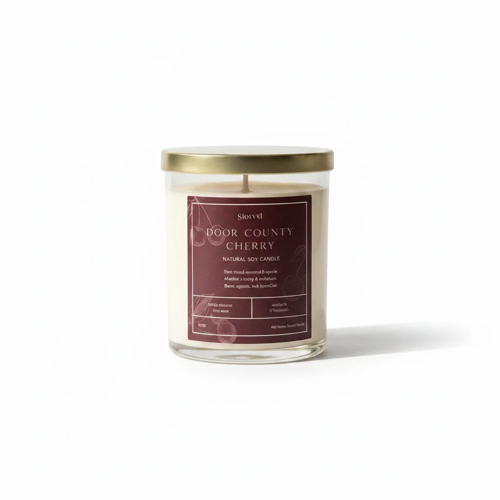 Graced Door County Cherry soy candle in a glass jar, natural fragrance with cherry design, perfect for home decor and ambiance.