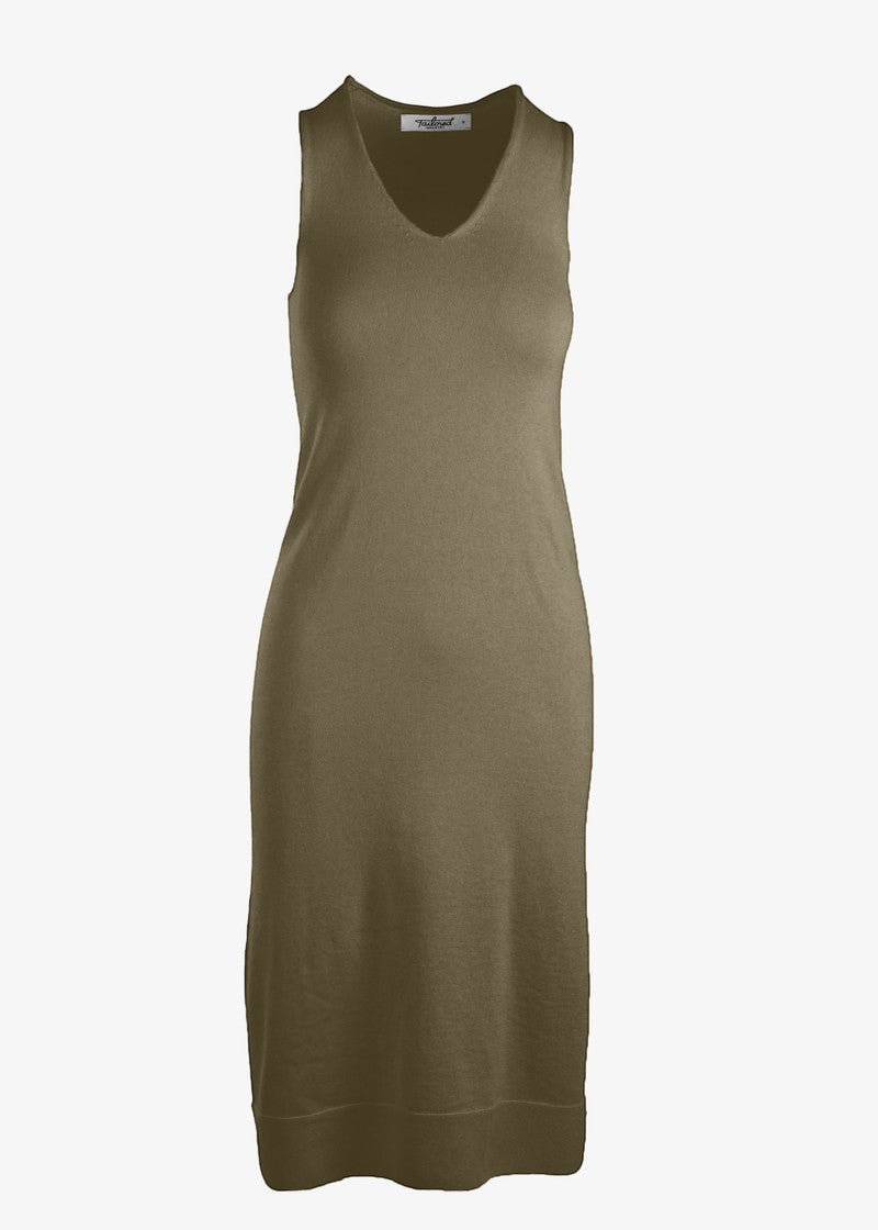 Graceful graced Natalie sleeveless V-neck knit midi dress, soft fabric, fitted waist, and stylish V-neck design.