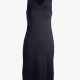 Gray sleeveless V-neck knit midi dress by graced, featuring a fitted silhouette and elegant design for versatile wear.