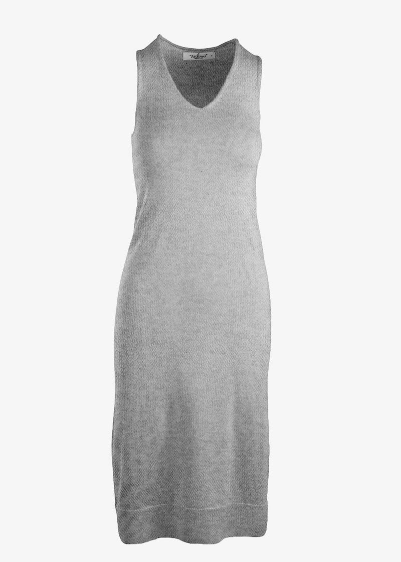 Graced Natalie sleeveless V-neck knit midi dress in winter white, showcasing a fitted sleeveless design and V-neckline.