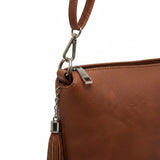 Brown Dylan Tassel Crossbody bag by Jen & Co, showing a stylish accessory with tassel detail and adjustable strap.