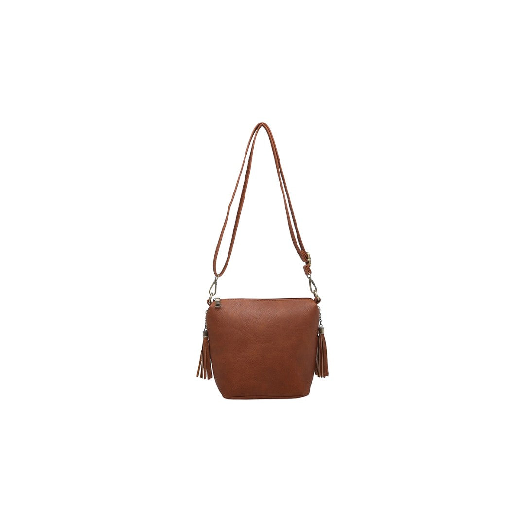 Brown Dylan Tassel Crossbody bag by Jen & Co featuring a stylish tassel detail and compact accessory design.