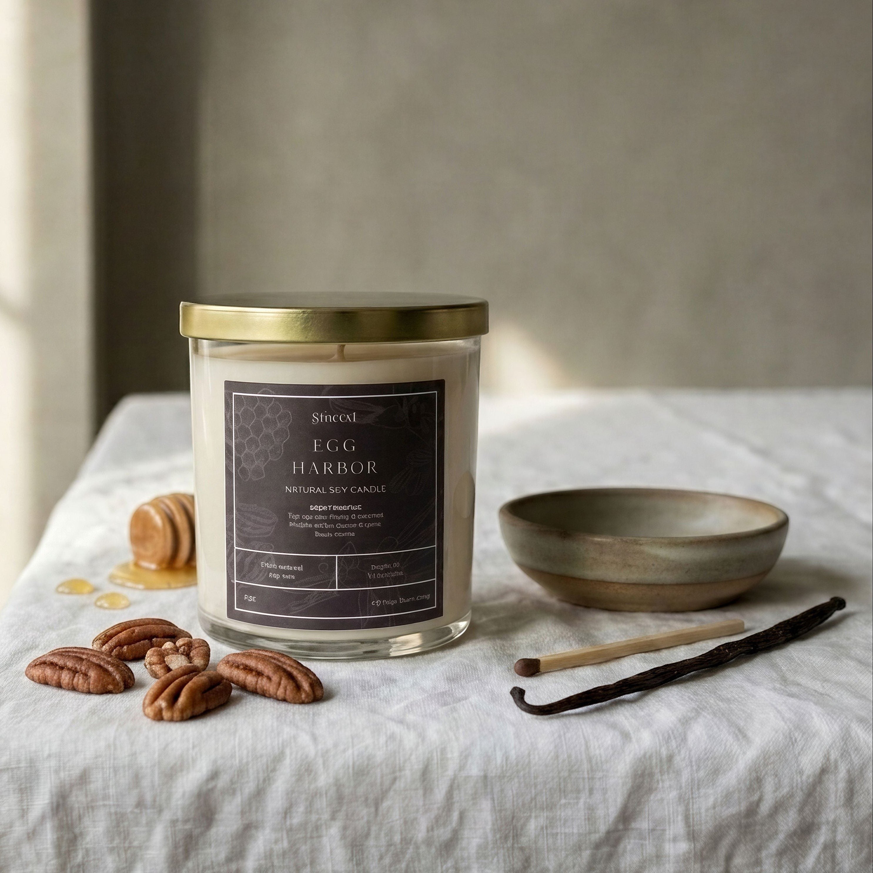 Graced Egg Harbor Natural Soy Wax Candle in a clear glass jar with a lit wick, designed for home fragrance and ambiance.