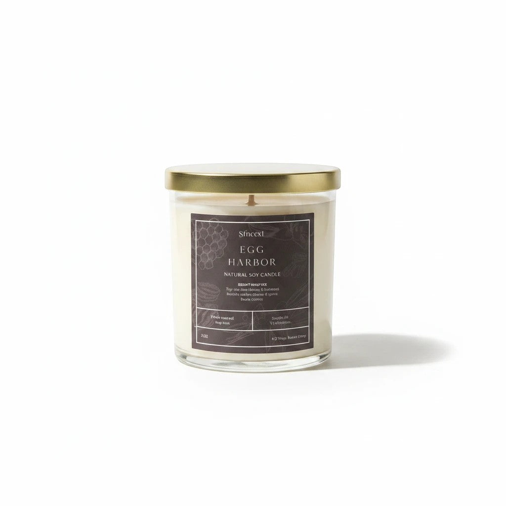 Graced Egg Harbor natural soy wax candle in a glass jar, ideal for home fragrance and decorative lighting.