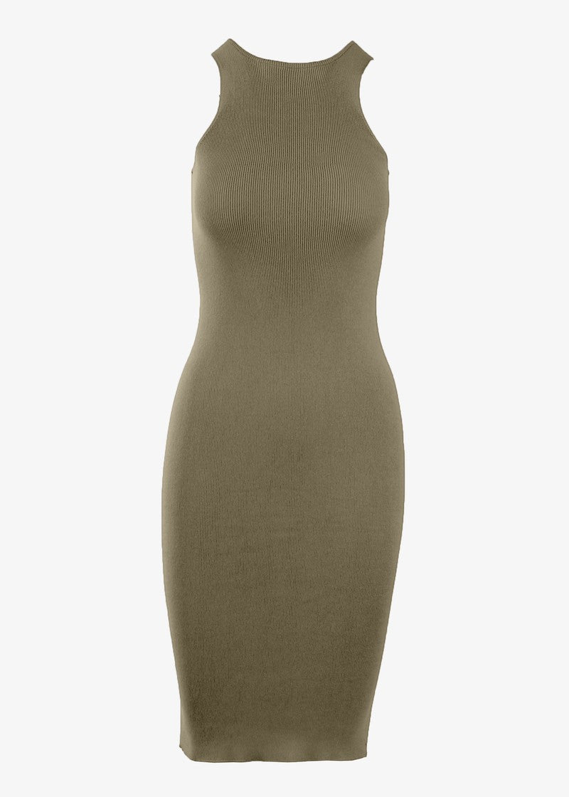 Graced Elena sleeveless ribbed cotton midi dress, featuring a fitted silhouette and classic ribbed knit design.
