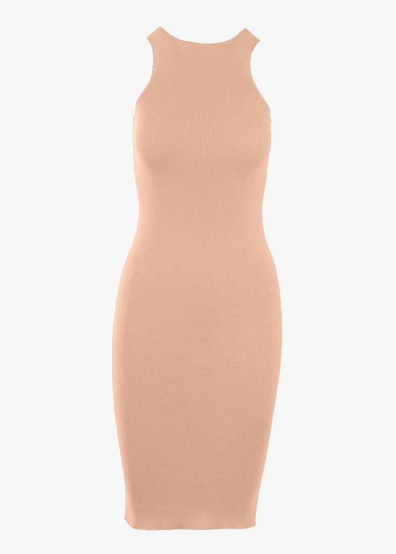 Gray sleeveless ribbed knit midi dress by graced, featuring a fitted silhouette and elegant design.