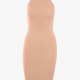 Gray sleeveless ribbed knit midi dress by graced, featuring a fitted silhouette and elegant design.