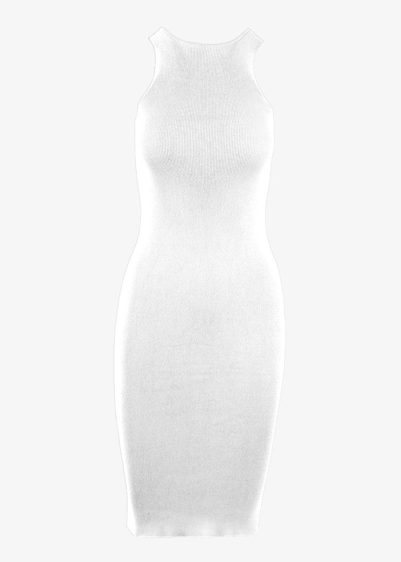 Graced Elena sleeveless ribbed cotton midi dress displayed on a hanger, showcasing its fitted silhouette and ribbed texture.