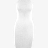 Graced Elena sleeveless ribbed cotton midi dress displayed on a hanger, showcasing its fitted silhouette and ribbed texture.