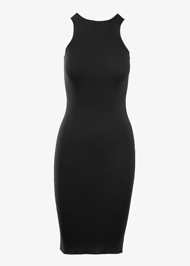 Graced Elena sleeveless ribbed cotton midi dress displayed on a hanger, showcasing its fitted silhouette and classic design.
