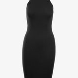 Graced Elena sleeveless ribbed cotton midi dress displayed on a hanger, showcasing its fitted silhouette and classic design.