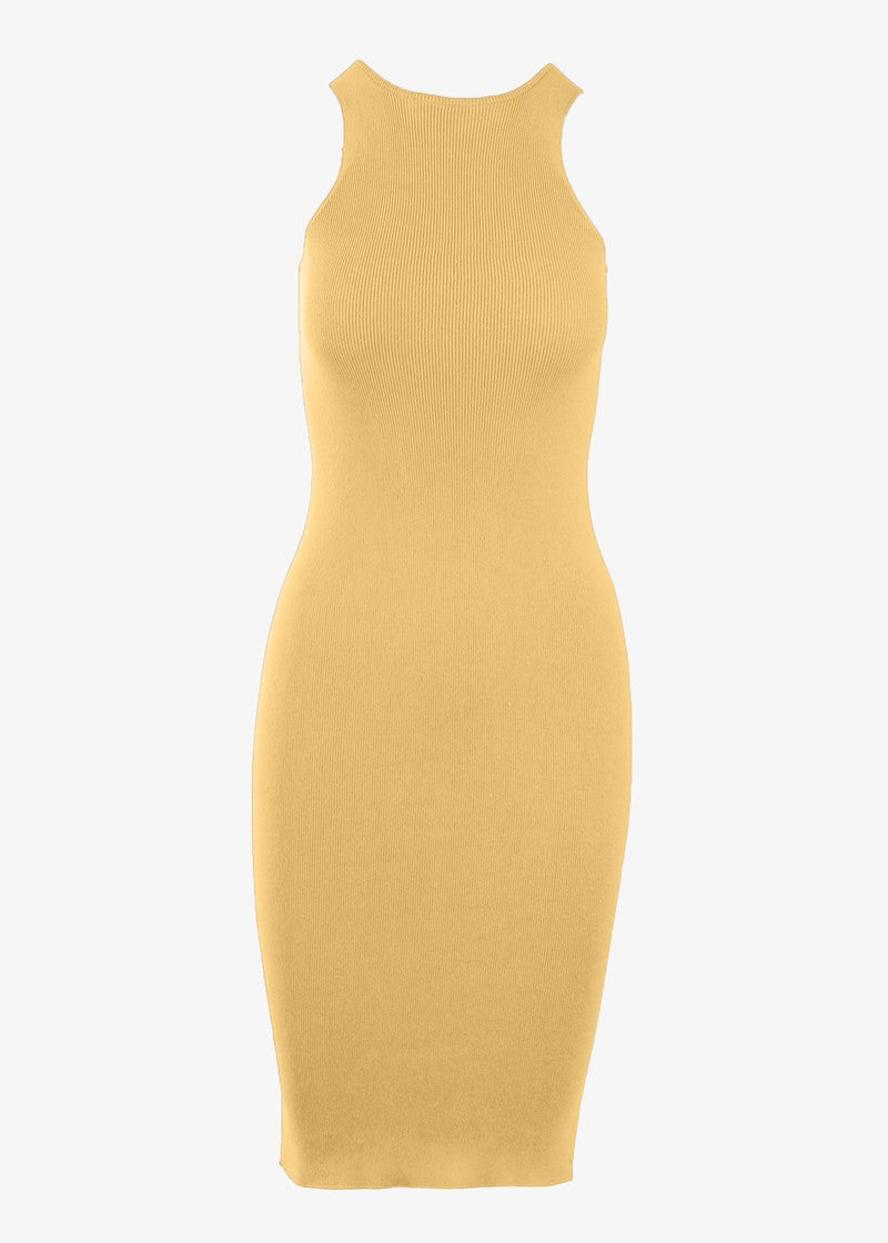 Grey sleeveless ribbed knit midi dress by graced, featuring a fitted silhouette and midi length, perfect for casual or stylish occasions.