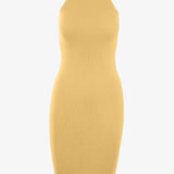 Grey sleeveless ribbed knit midi dress by graced, featuring a fitted silhouette and midi length, perfect for casual or stylish occasions.
