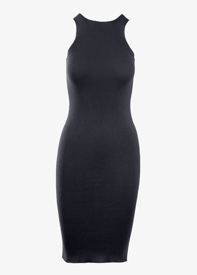 Graced Elena sleeveless ribbed cotton midi dress in a fitted, mid-length design featuring a stylish ribbed texture and sleeveless style.