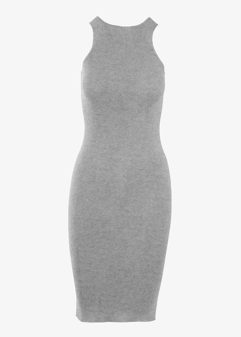 Gray sleeveless ribbed knit midi dress by graced, featuring a fitted bodice and midi length, perfect for casual or stylish wear.