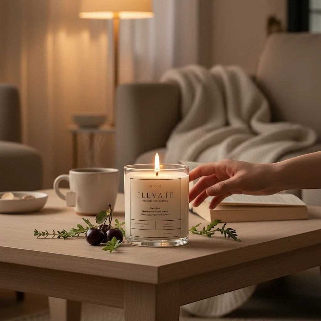 Graced Elevate natural soy wax candle in a glass jar with a lit wick, showcasing a minimalist design for home fragrance.