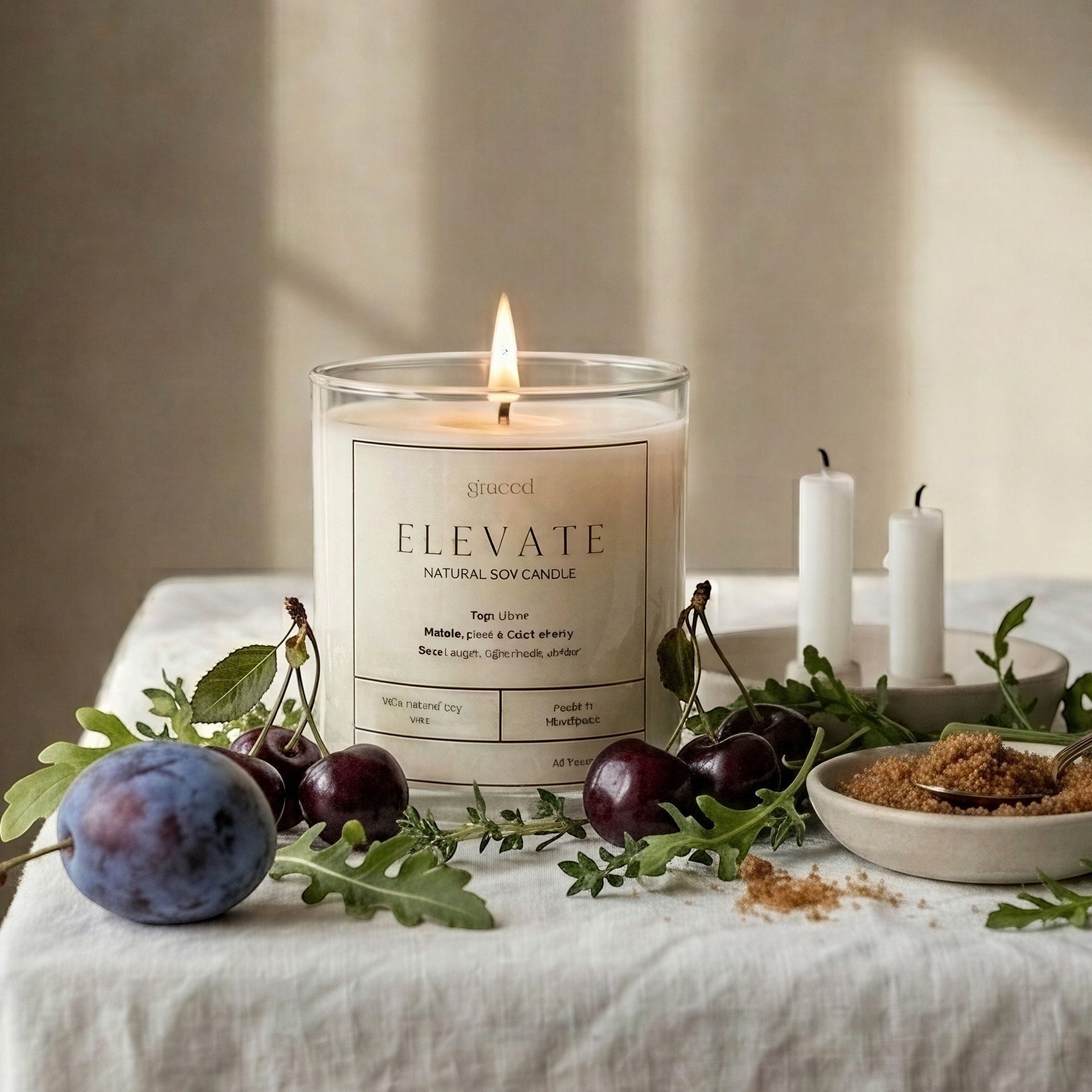 Grace Elevate Natural Soy Wax Candle with a minimalist glass jar, emitting a warm, soothing glow for home fragrance.